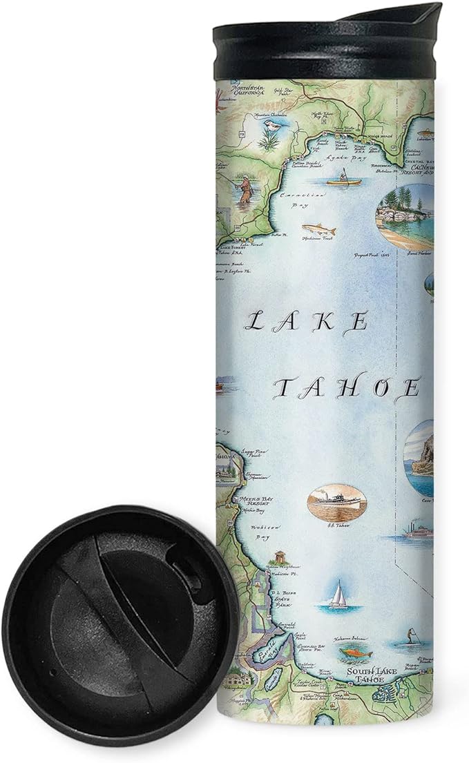Xplorer Maps Lake Tahoe Map 16 Oz Travel Drinkware with Spill-Resistant Lid - Stainless Steel Vacuum Insulated Coffee Tumbler