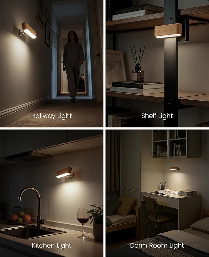 Wood LED Wall Sconce, Magnetic 360° Rotatable Wall Mounted Night Light & - Image 7