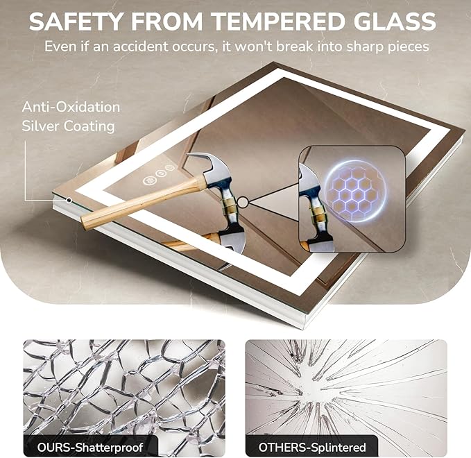 USHOWER LED Bathroom Mirror 48x36 Inch Tempered Glass - Image 6