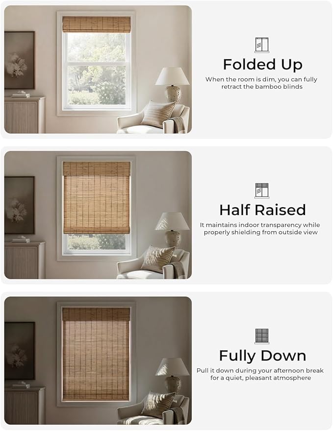 UNISHADES No Drill Cordless Bamboo Roman Shades, Light Filtering Woven Natural - Image 4