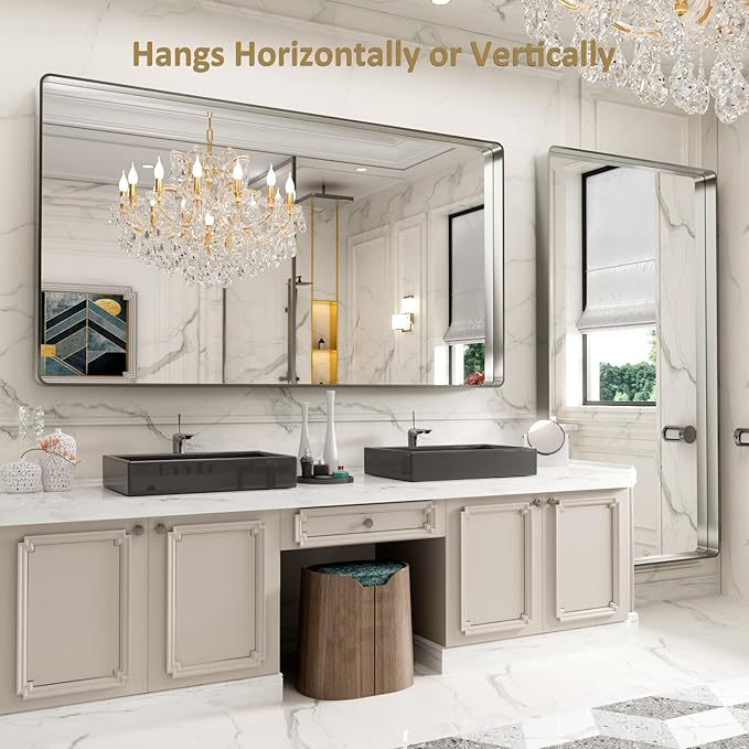 LOAAO 77X36 Inch Brushed Nickel Bathroom Mirror, Rounded Rectangle Silver Metal - Image 4