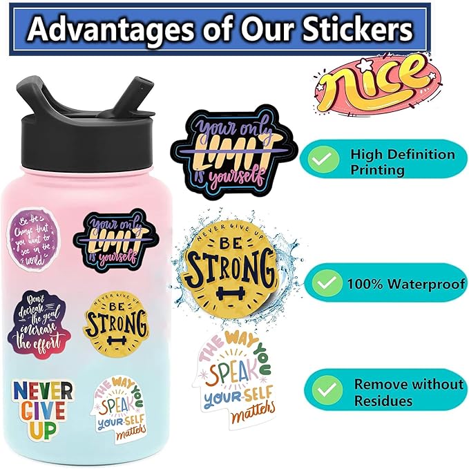 50PC Motivational & Inspirational Stickers for Adults & Teens, Vision Board Supplies, Positive Affirmation & Quote Reward Stickers (Waterproof) for Teachers, Students & Employees