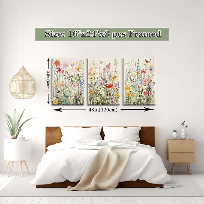 KISSFOX 3 Piece Watercolor Flower Framed Wall Art Decor Colorful Botanical - Image 3
