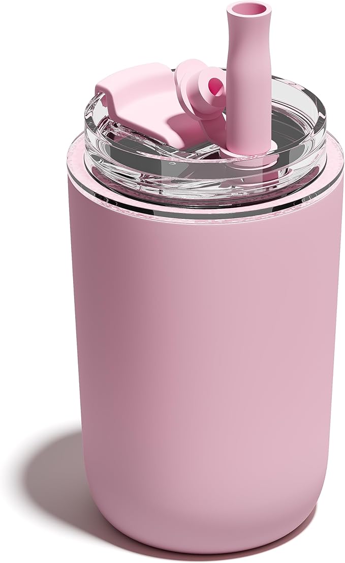 10 oz Insulated Coffee Tumblers, Travel Coffee Tumblers with Straw, Double-Wall Stainless Steel Tumbler, Leak Proof Tumbler, Reusable Cups with Lids for lced and Hot Drinks (Pink)