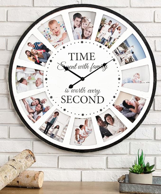 12 Photo Collage Family Wood Wall Clock, Rustic Farmhouse Wall Clock, Large - Image 3