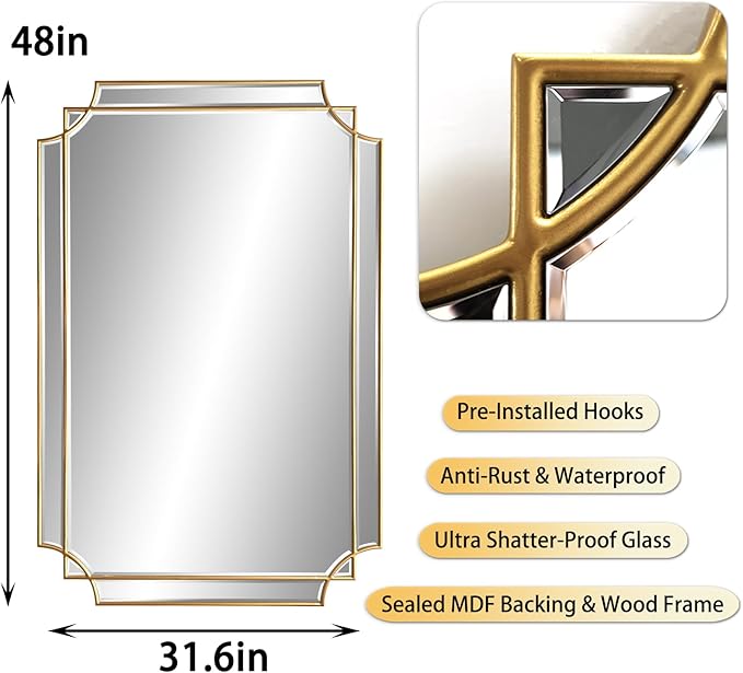 HQiJun Gold Mirror for Wall, Polished Bevelled Rectangle Mirror, Modern - Image 5