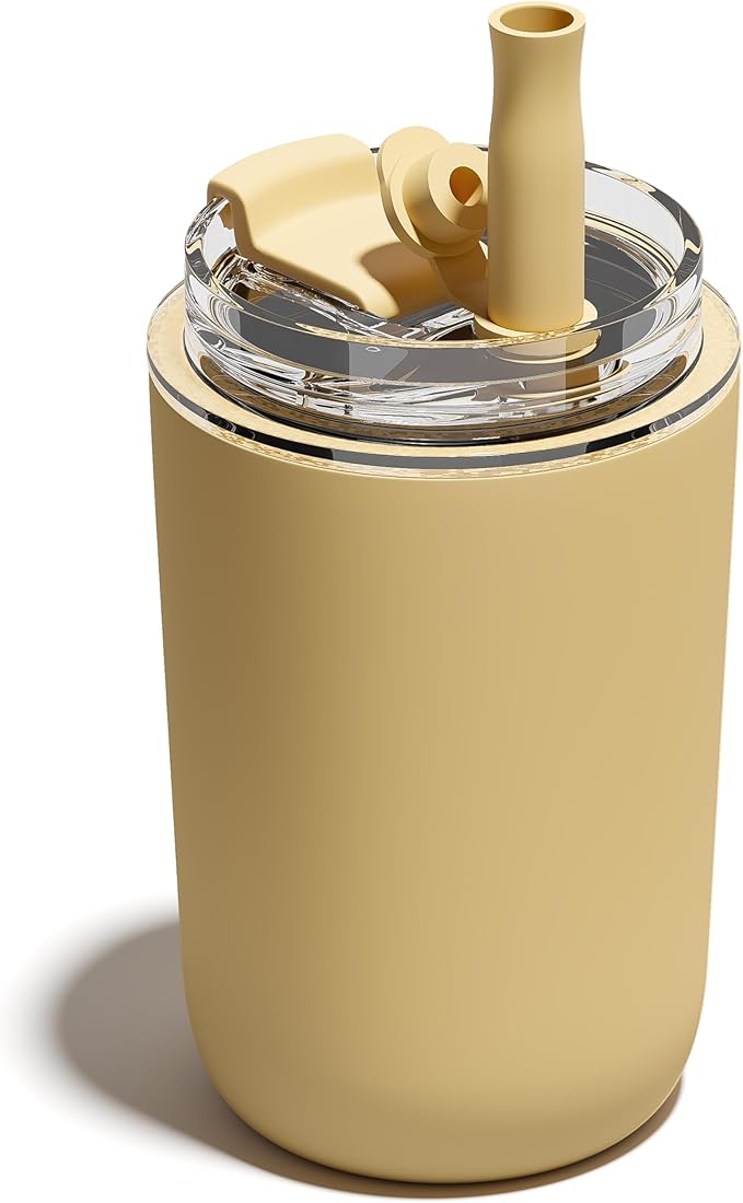 10 oz Insulated Coffee Tumblers, Travel Coffee Tumblers with Straw, Double-Wall Stainless Steel Tumbler, Leak Proof Tumbler, Reusable Cups with Lids for lced and Hot Drinks (Yellow)