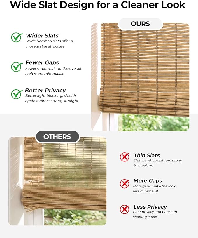 UNISHADES No Drill Cordless Bamboo Roman Shades, Light Filtering Woven Natural - Image 3