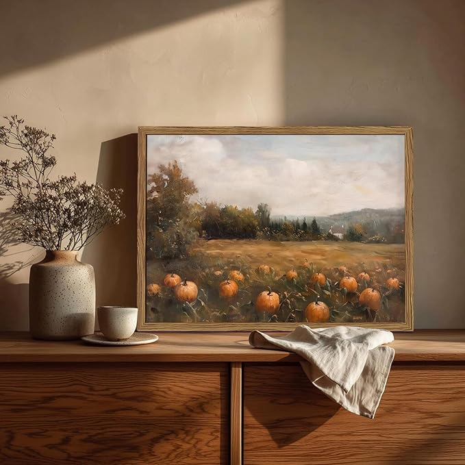 Framed Vintage Pumpkin Wall Art, Farmhouse Pumpkin Field Pictures Wall Decor - Image 2