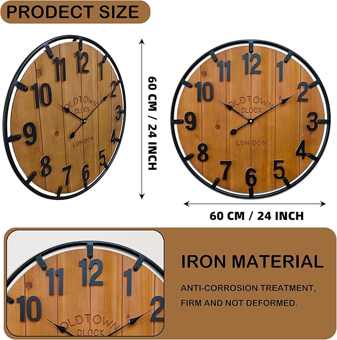 Large Farmhouse Rustic Wooden Wall Clock - Image 4