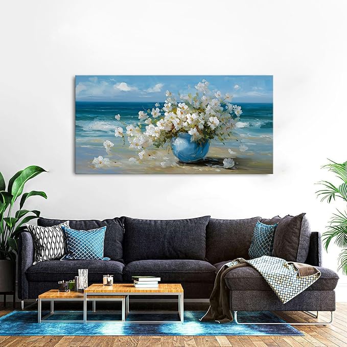 Vintage Flowers Canvas Wall Art White Blossom Painting Retro Flowers in Blue - Image 5
