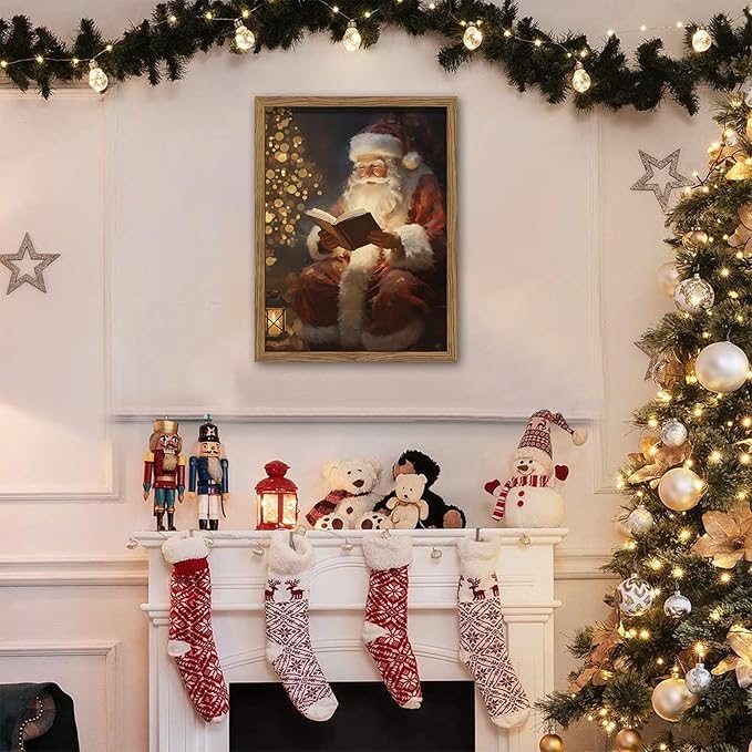 Framed Santa Christmas Wall Art, Vintage Santa Claus Reading Canvas Paintings - Image 2