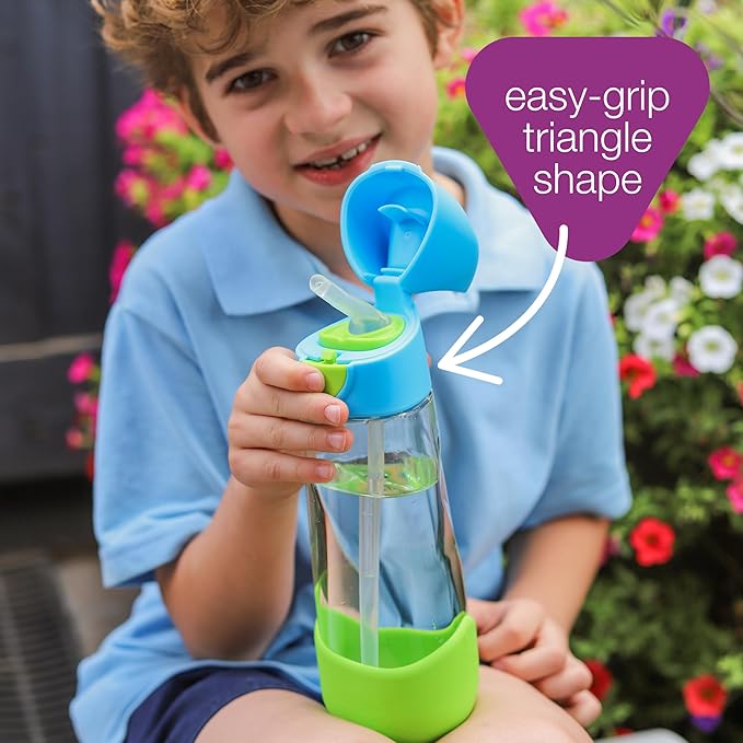 b.box 15oz Tritan Kids Water Bottle – Toddler Drink Bottle with Straw for School, Daycare, Travel w/Easy-Grip Triangular Design, Leak Proof Lid & Handle, BPA Free, Dishwasher Safe (Blue Slate)