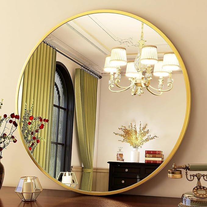HARRITPURE 24 Inch Round Mirror, Modern Aluminum Alloy Frame Wall Mounted - Image 2
