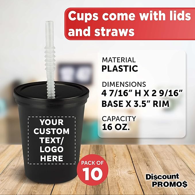 Custom Reusable Plastic Cups with Lid and Straw 16 oz. Set of 10, Personalized Bulk Pack - Perfect for Birthdays, Weddings, Picnic, Beach, Parties - Black