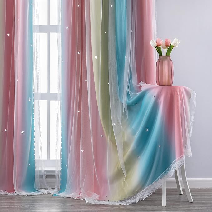 XiDi Curtains for Bedroom Decor, Rainbow Pink-Blue-52-54 - Image 4