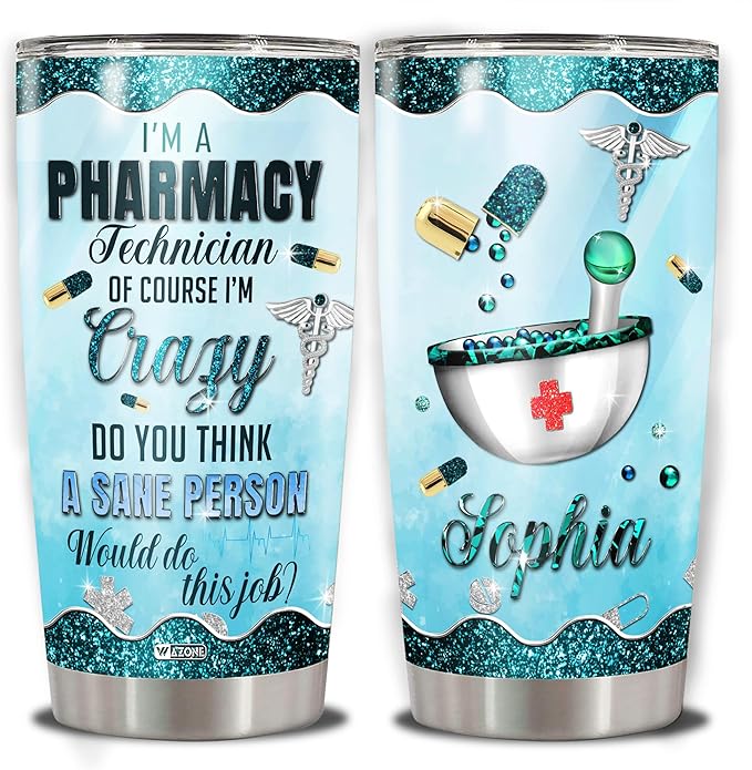 WAZONE Personalized Pharmacy Tumbler 20oz 30oz Customize Name Stainless Steel Travel Mug Vacuum Insulated Cup With Lid Funny Technician Gifts For Girls Women Pharmacists Coworkers Pharmacist