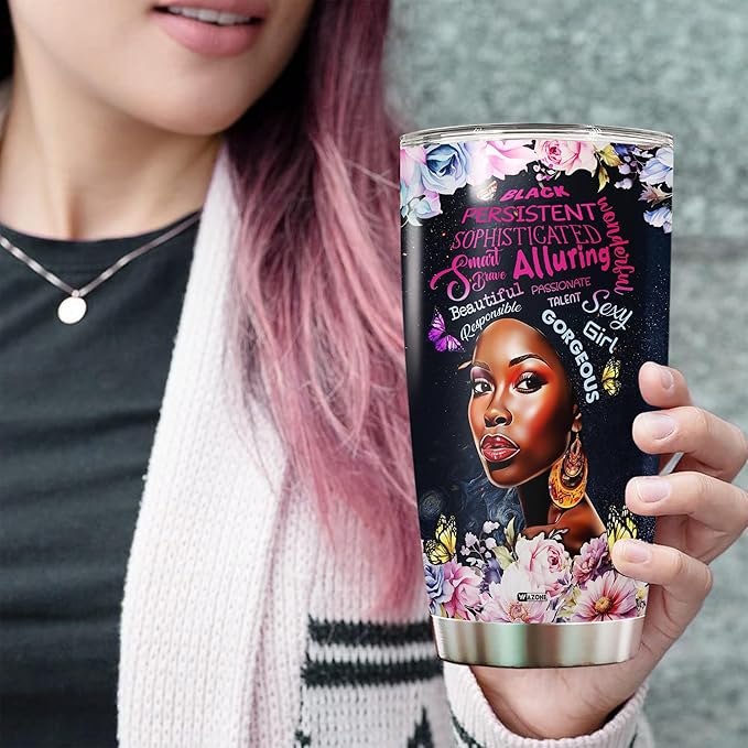 WAZONE Personalized Black Girl Tumbler Melanin Insulated Cup Customized Name Stainless Steel 20oz 30oz Travel Coffee Mug With Lid Birthday Christmas African Gifts For Women Afro Girls Queen