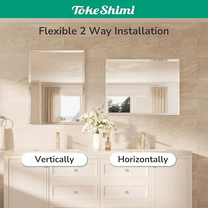 TokeShimi 60x36 Frameless Beveled Bathroom Mirror Rectangle, Tempered Rectangle - Image 7