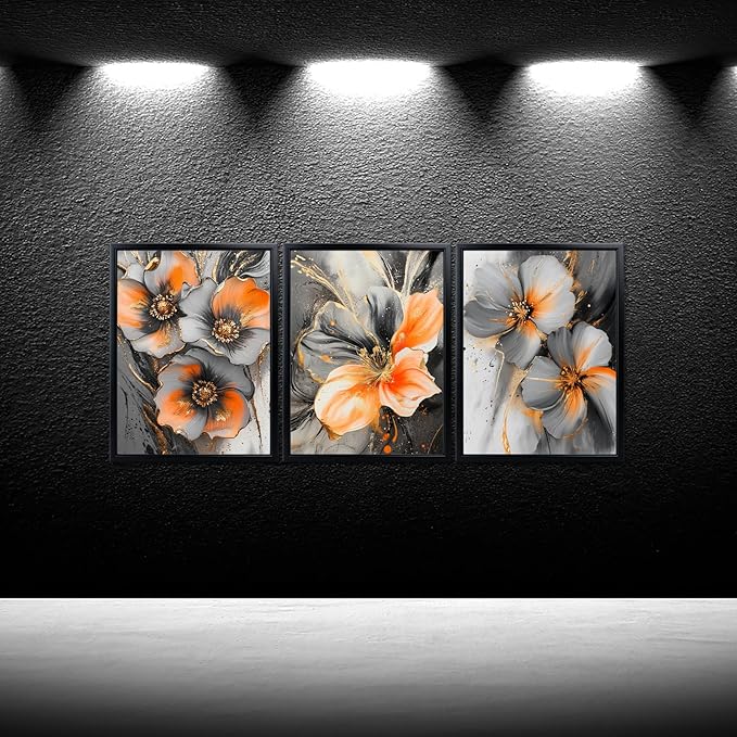 iKNOW FOTO 3 Piece Orange and Grey Abstract Flower Canvas Wall Art - Image 2