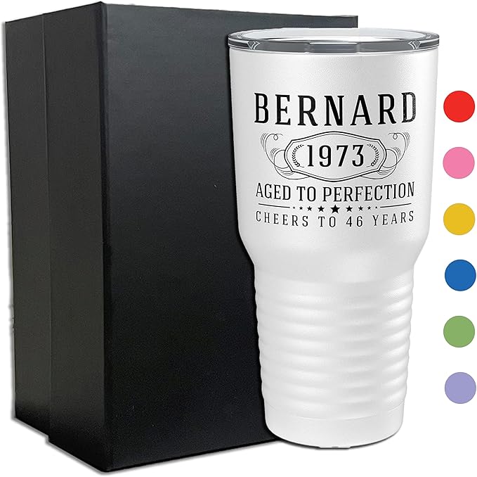 Personalized Printed 30oz Insulated Stainless Steel Powder Coated Tumbler with Lid, Custom Printed, White, Bernard
