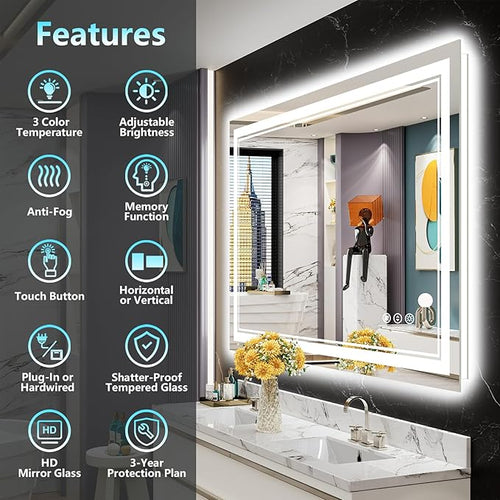 48x40 LED Bathroom Mirror with Lights, Backlit and Front Lit Anti-Fog Lighted - Image 2