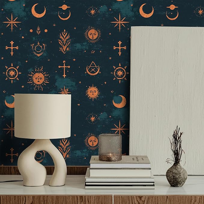 FLFK Mystic Peel and Stick Wallpaper 16" x 128" Moody Dark Blue & Orange - Image 3