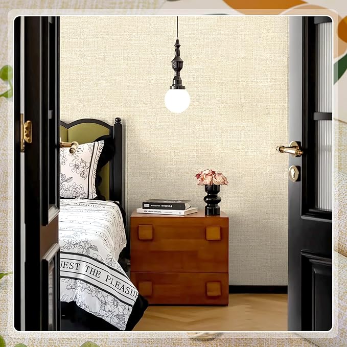 Amiya Grasscloth Cream Wallpaper Peel and Stick Beige Faux Fabric Linen Contact - Image 7