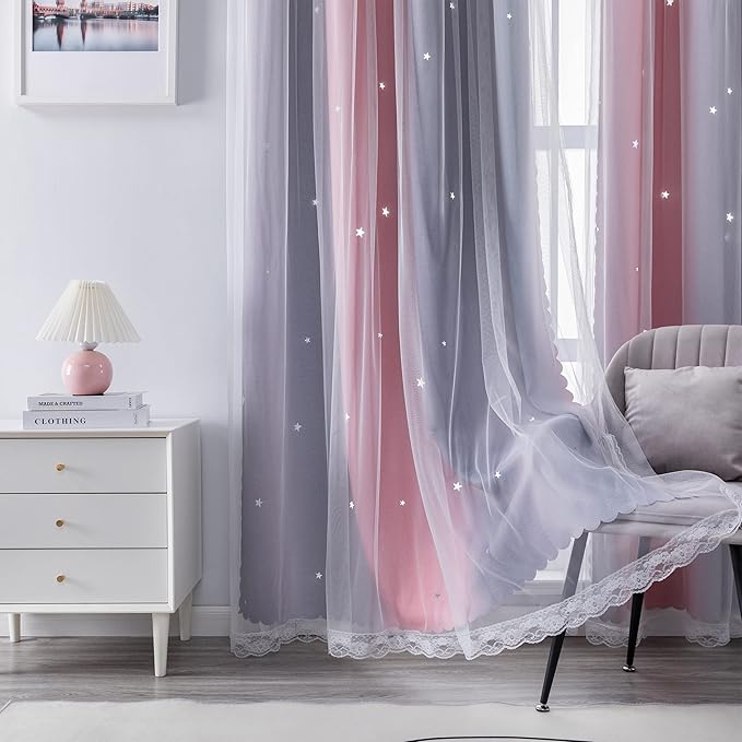 XiDi Curtains for Bedroom Decor, Rainbow Pink-Grey-34-54 - Image 3