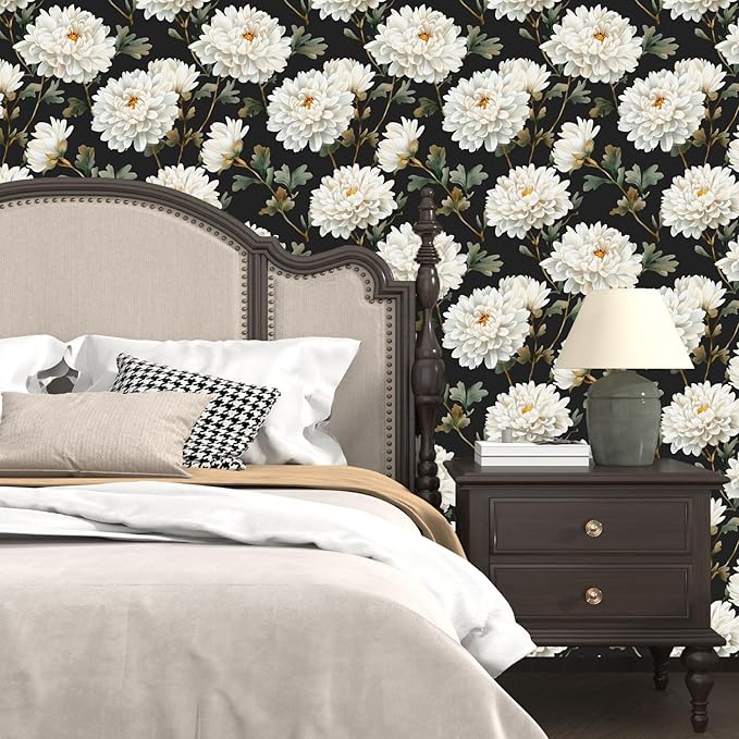 Laatse Black White Floral Peel and Stick Wallpaper Chrysanthemum Contact Paper - Image 5