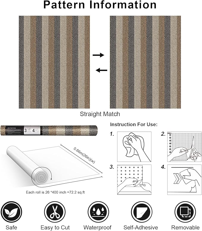 Textured Fabric Wallpaper Peel and Stick Large Size 26"x400" Beige/Brown/Grey - Image 7