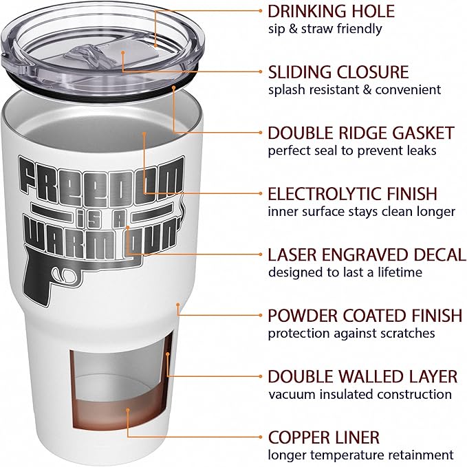 We The People Holsters - Freedom Is A Warm Gun - Coffee Tumbler - American Flag Coffee Travel Mug - Engraved Tumbler - Double Insulated Tumbler - 30 oz