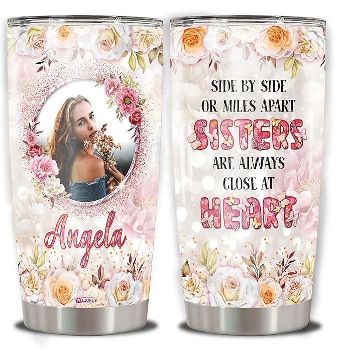 WAZONE Personalized Always My Sister Forever My Friend Stainless Steel Tumbler 20oz 30oz Custom Name Flower Floral Insulated Cup Travel Mug Birthday Gift Ideas For Sisters Sisterhood