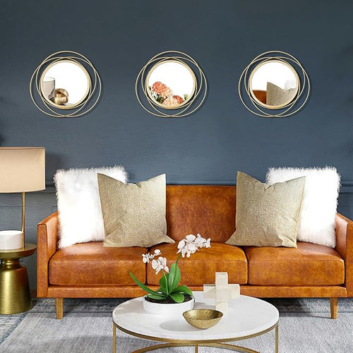 3 Set 9.5 Inch Gold Circle Mirrors Wall Decor Iron Frame Wire Mirror Metal - Image 2