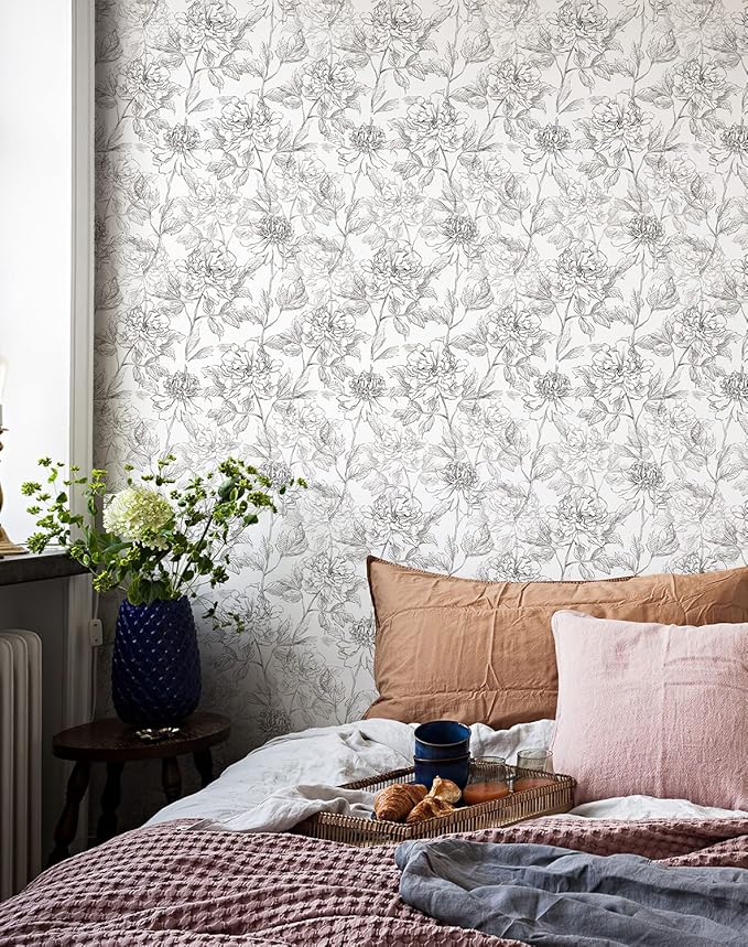 JiffDiff Black and White Floral Wallpaper Peonies Removable Peel and Stick - Image 2