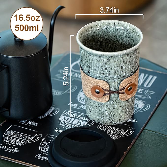Coffee Travel Mug, Spill Proof Coffee Tumbler, Ceramic mug, Microwave & Dishwasher Safe, Large Porcelain Coffee Cup, Tea Mug with Lid, Decorative Latte Cup for Men, 16.5 oz