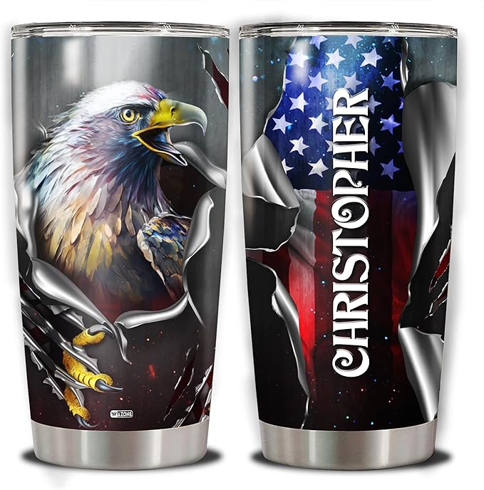 WAZONE Personalized Eagle Tumbler American Flag Custom Name 20oz 30oz Stainless Steel Insulated Cup Novelty Double Wall Vacuum Travel Coffee Mug Stuff Gifts Birthday Presents For Men Him