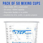 TCP Global 20 oz. (600ml) Graduated Plastic Mixing Cups - Box of 50 with 50 Mixing Sticks - Disposable Plastic Measuring Cups for Liquids, Paints, Resin, Epoxy, Art, Kitchen - Ratios 2-1, 3-1, 4-1 ML