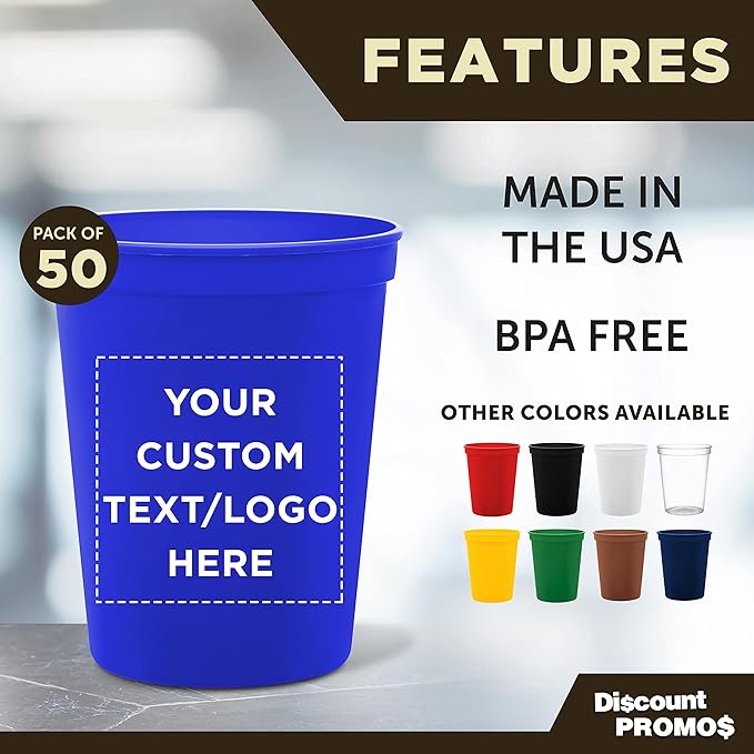 DISCOUNT PROMOS Custom Plastic Stadium Cups 16 oz. Set of 50, Personalized Bulk Pack - Perfect for Birthdays, Weddings, Picnic, Beach, Parties - Blue