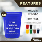 DISCOUNT PROMOS Custom Plastic Stadium Cups 16 oz. Set of 50, Personalized Bulk Pack - Perfect for Birthdays, Weddings, Picnic, Beach, Parties - Blue