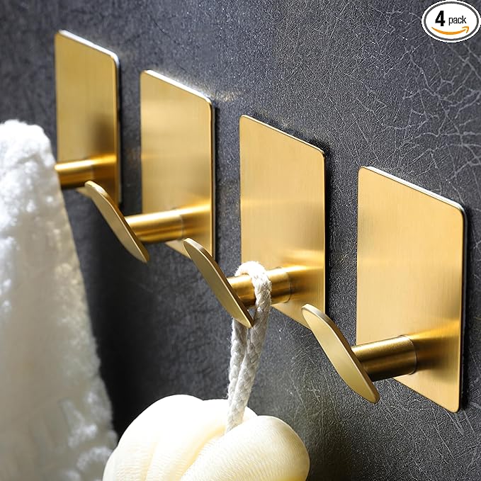 DELITON Gold Towel Hooks- 4 Pack Adhesive Hook by DELITON