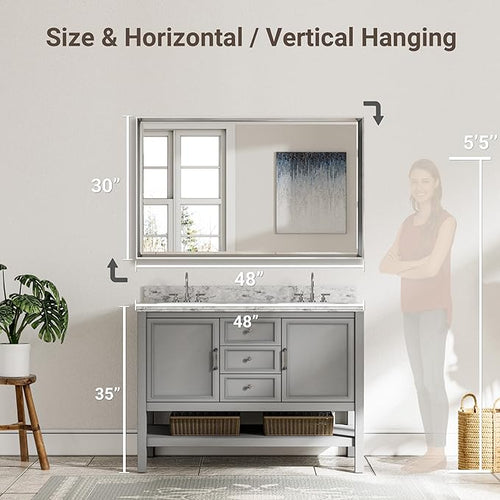 48 x 30 Beveled Bathroom Mirror, Shatterproof Rectangle Mirror, Metal Framed - Image 2