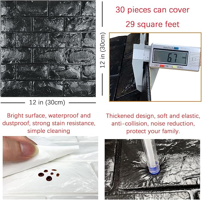 30PCS 3D Wall Panels Peel and Stick Faux Brick Wallpaper Black Self Adhesive - Image 5