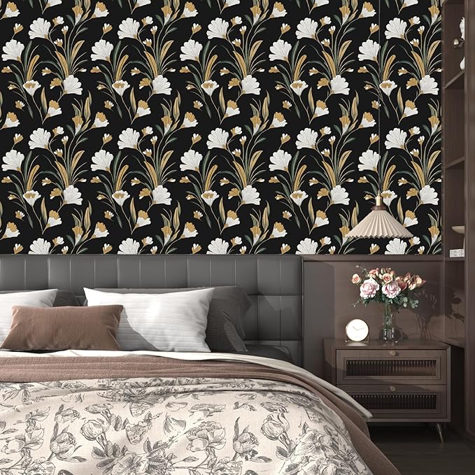 Laatse Black Gold Peel and Stick Wallpaper White Floral Contact Paper 17.5in x - Image 5
