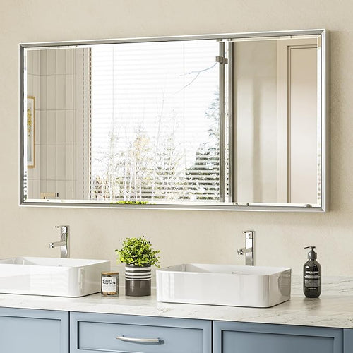 48x24 Beveled Silver Bathroom Vanity Mirror, Shatterproof Large Rectangle Metal by QUEENFUN