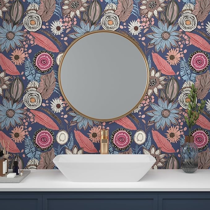 Blue Pink Wallpaper Peel and Stick, Vintage Boho Floral Contact Paper 17.5" x - Image 4