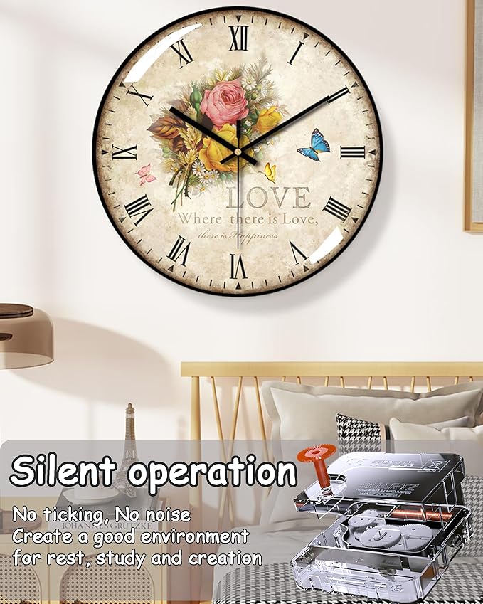 Decorative Wall Clock Battery Operated, 12-Inch Retro Vintage Floral Butterfly - Image 3