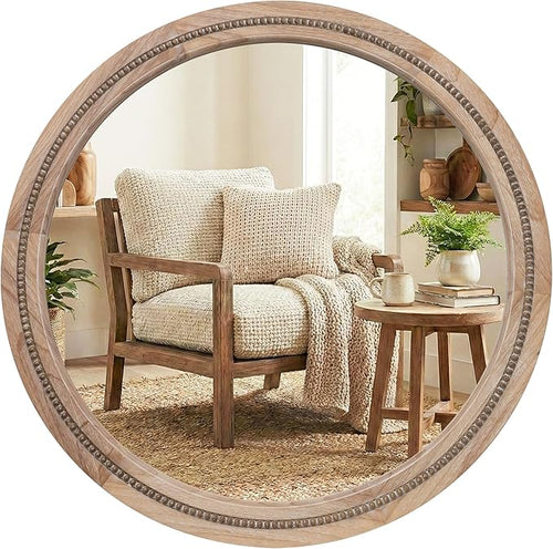 36" Large Round Wood Mirror for Living Room Fireplace, Big Solid Wood Wall by Pocetry