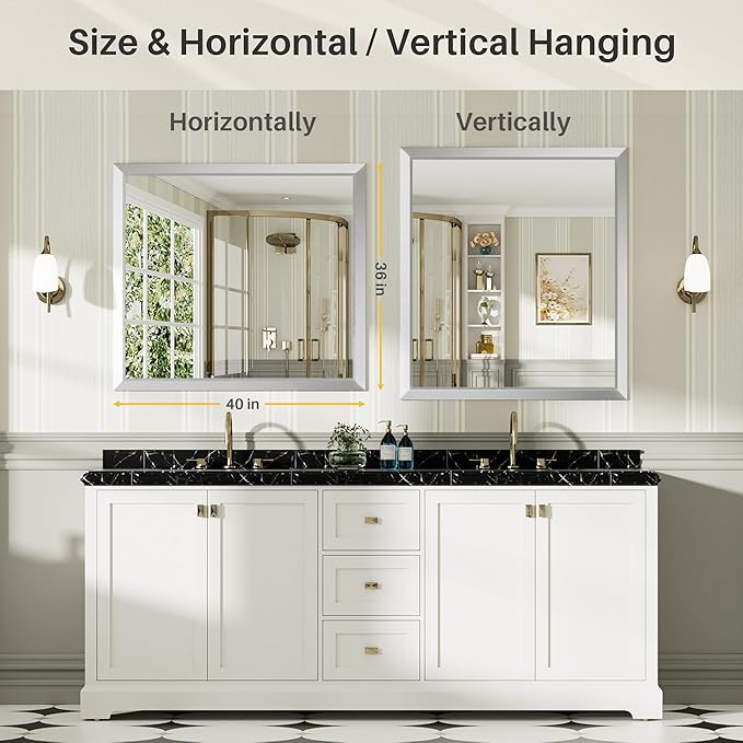 40x36 Inch Brushed Silver Bathroom Mirror - Image 6