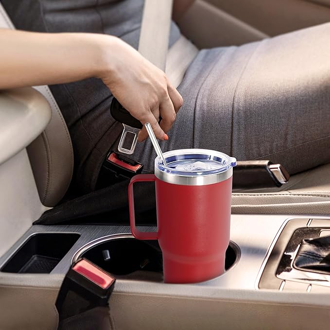 20 oz Tumbler with Handle, insulated cup coffee mug with lid, straw and handle, Double Wall Stainless Steel Vacuum Coffee Tumbler travel mug spill proof, 1pcs Red